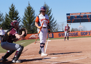 Andrea Bombace looks toward Colgate's catcher. Syracuse's hitters struggled to handle Brigit Ieuter's screwball throughout the second game of a doubleheader.