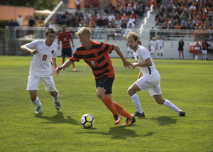 Syracuse junior attacking midfielder Jonathan Hagman looks for space Friday at SU Soccer Stadium. The Orange did not find the back of the net until the 84th minute. 