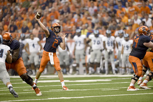 Quarterback Eric Dungey threw for 328 yards in Syracuse’s season opener. He and Ryan Nassib are the only two Orange quarterbacks to throw for at least 300 yards seven times at SU.
